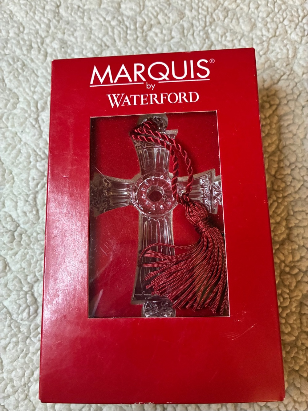 Marquis by Waterford Crystal Cross Ornament Red Tassel Original Box #139593